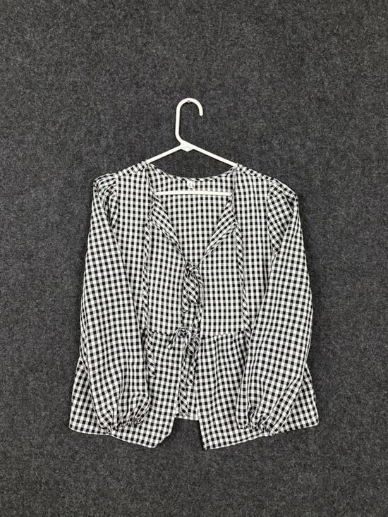 Early Sunset Tops - Early Sunset Womens XS Black White Gingham Tie Front Peplum Blouse Long Sleeve